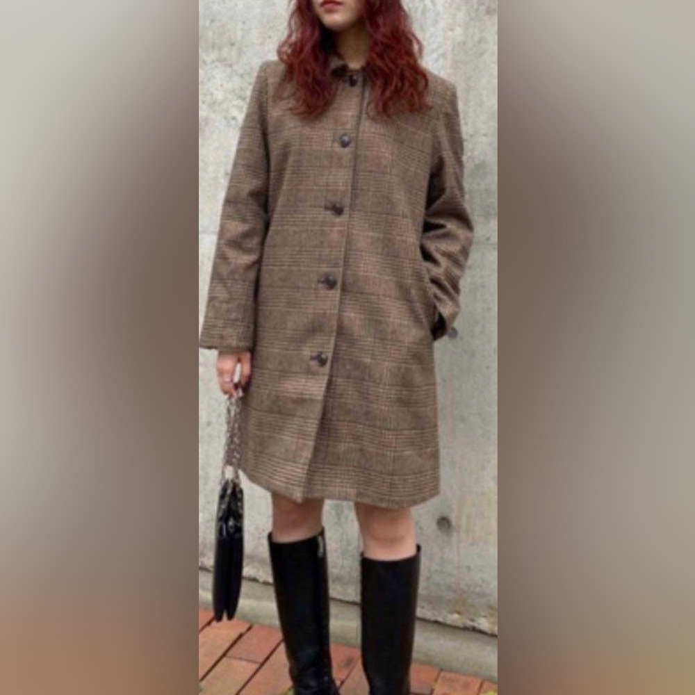 Moussy Glen Checked Plaid Mocha Brown &‎ Tan Knee Length Trench Coat Sz 1 Small